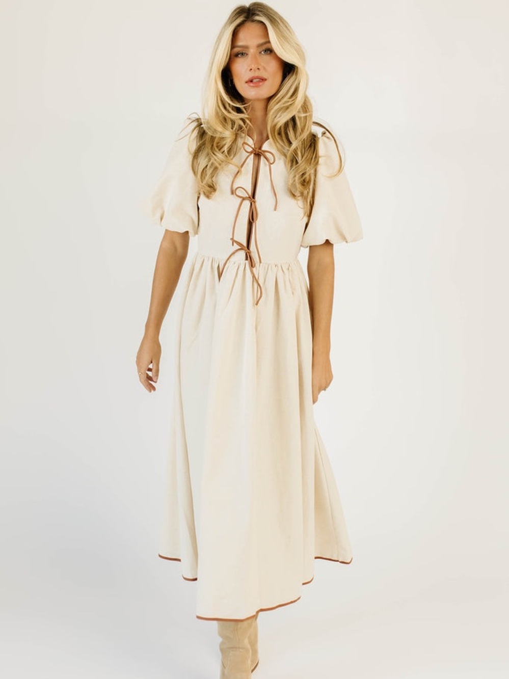 Zoco Chappell Linen Blend Beige Puff Sleeve Faux Leather Tie Dress Size Medium